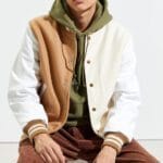 Colorblock Bear Varsity Jacket Leather Sleeves