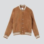 Brown Suede Leather Bomber Varsity Jacket - Image 2