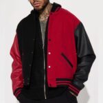 Red & Black Color-block Varsity Jacket Leather Sleeves