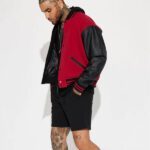 Red & Black Color-block Varsity Jacket Leather Sleeves - Image 3