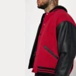 Red & Black Color-block Varsity Jacket Leather Sleeves - Image 4
