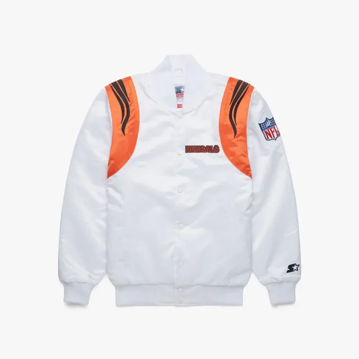 Bengals White Satin Bomber Jacket - Image 1