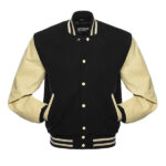 Black Wool Letterman Varsity Jacket with Beige Leather Sleeves - Image 2