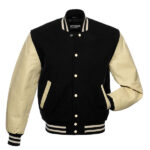 Black Wool Letterman Varsity Jacket with Beige Leather Sleeves