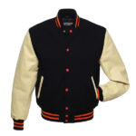 Black Wool Varsity Jacket With Natural Leather Sleeves