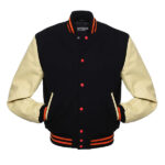 Black Wool Varsity Jacket With Natural Leather Sleeves - Image 3