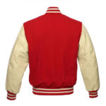 Red Wool Varsity Letterman Jacket With Natural Leather Sleeves - Image 3