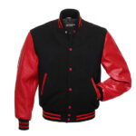 Red And Black Varsity Jacket With Leather Sleeves