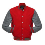 Red Wool Varsity Jacket With Grey Leather Sleeves - Image 3