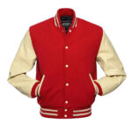 Red Wool Varsity Letterman Jacket With Natural Leather Sleeves - Image 2