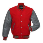 Red Wool Varsity Jacket With Grey Leather Sleeves