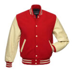 Red Wool Varsity Letterman Jacket With Natural Leather Sleeves