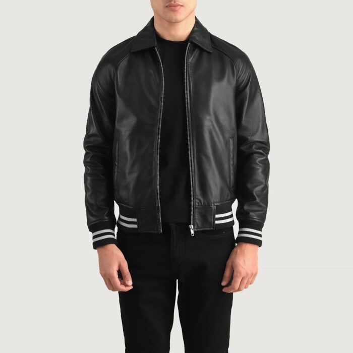 Black Leather Varsity Jacket Mens - Image 1