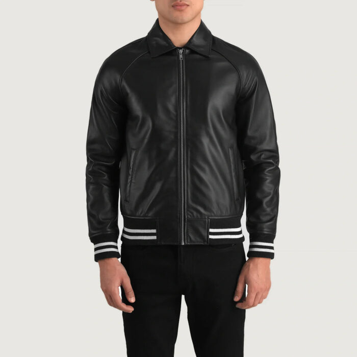 Black Leather Varsity Jacket Mens - Image 2