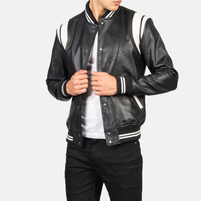 Black_Leather_Varsity_Jacket_with_shoulder_inserts Men's Leather Varsity Jacket Black and White - Image 3