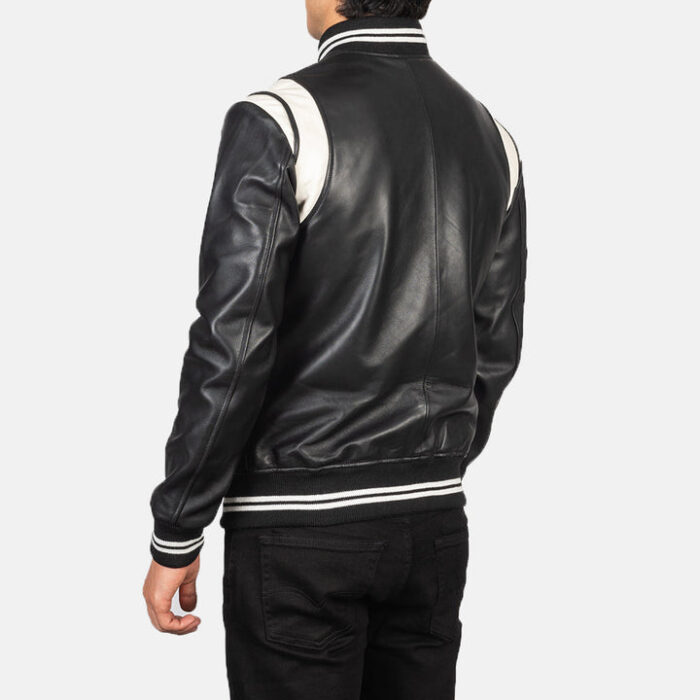 Black_Leather_Varsity_Jacket_with_shoulder_inserts_2 Men's Leather Varsity Jacket Black and White - Image 4
