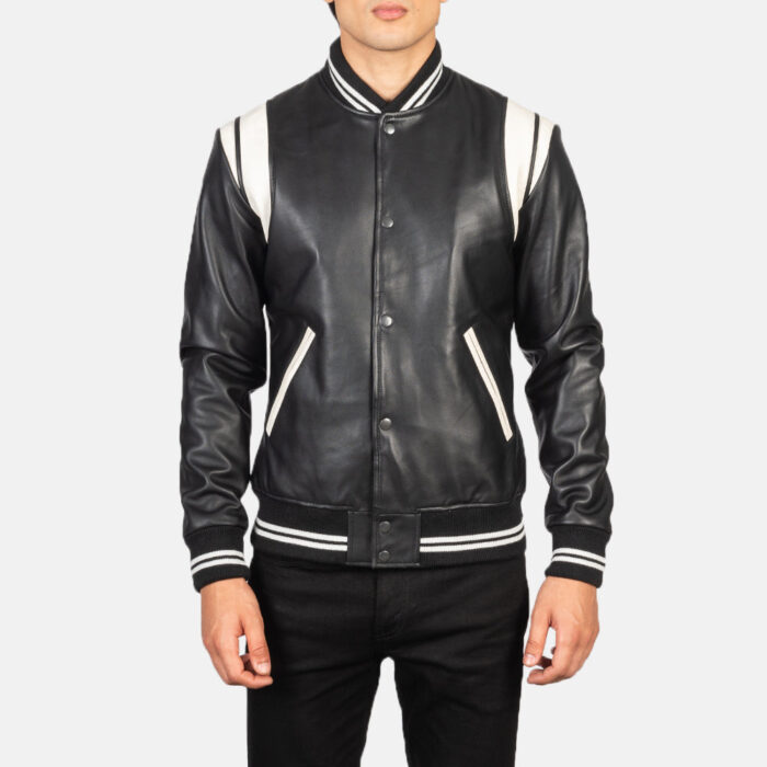 Black_Leather_Varsity_Jacket_with_shoulder_inserts_3 Men's Leather Varsity Jacket Black and White - Image 5