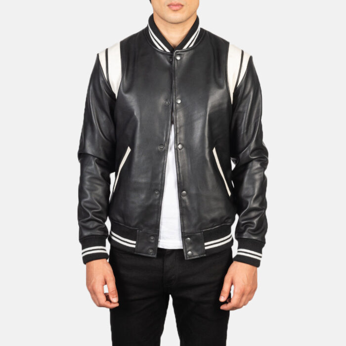 Black_Leather_Varsity_Jacket_with_shoulder_inserts_5 Men's Leather Varsity Jacket Black and White - Image 1
