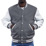 Gray Wool Varsity Jacket w/ White Leather Sleeves