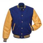 Royal Blue Wool Varsity Jacket With Gold Leather Sleeves