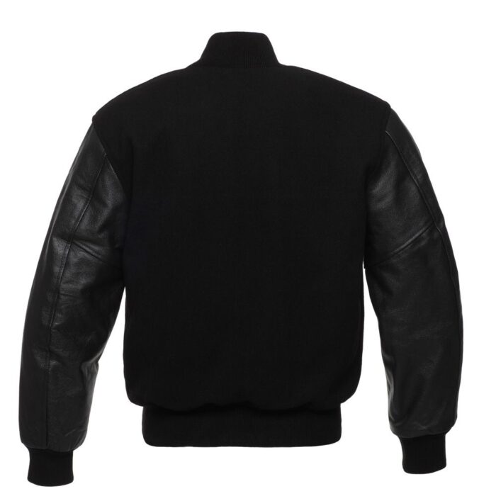 Triple Black Varsity Jacket With Leather Sleeves - Image 3