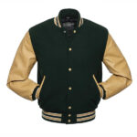 Forest Green Wool Varsity Jacket With Tan Leather Sleeves - Image 2