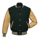 Forest Green Wool Varsity Jacket With Tan Leather Sleeves