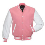 Pink Letterman Jacket With White Leather Sleeves