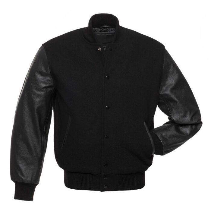 Triple Black Varsity Jacket With Leather Sleeves - Image 1