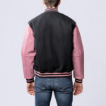 Black Wool Letterman Jacket With Pink Leather Sleeves - Image 2