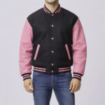 Black Wool Letterman Jacket With Pink Leather Sleeves