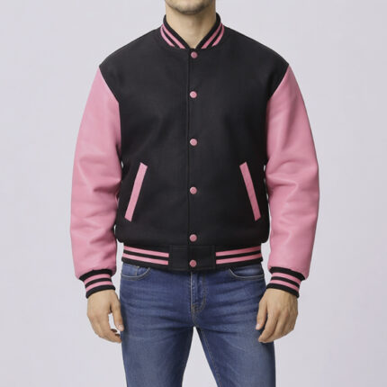 Black Wool Letterman Jacket With Pink Leather Sleeves