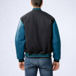 Black Wool Varsity Jacket With Blue Teal Leather Sleeves - Image 2