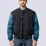 Black Wool Varsity Jacket With Blue Teal Leather Sleeves