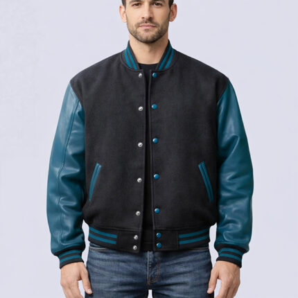 Black Wool Varsity Jacket With Blue Teal Leather Sleeves