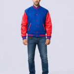 Blue Wool Varsity Jacket With Red Leather Sleeves - Image 3
