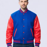Blue Wool Varsity Jacket With Red Leather Sleeves