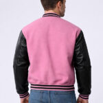 Pink Wool Letterman Jacket With Black Leather Sleeves - Image 2