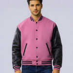 Pink Wool Letterman Jacket With Black Leather Sleeves