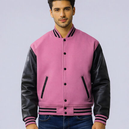 Pink Wool Letterman Jacket With Black Leather Sleeves